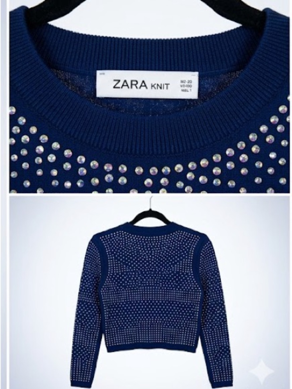 Zara Navy Crewneck Sweater with Rhinestones